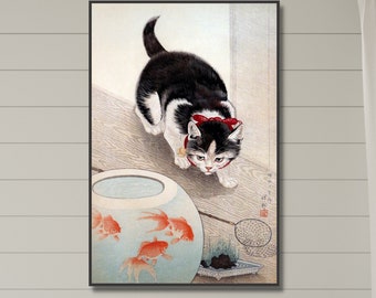 Affiche de chat japonais | Chat et poisson rouge bol (1930s) de Ohara Koson | Affiche japonaise | Impression d’art japonais | Cadeaux japonais | Art mural japonais