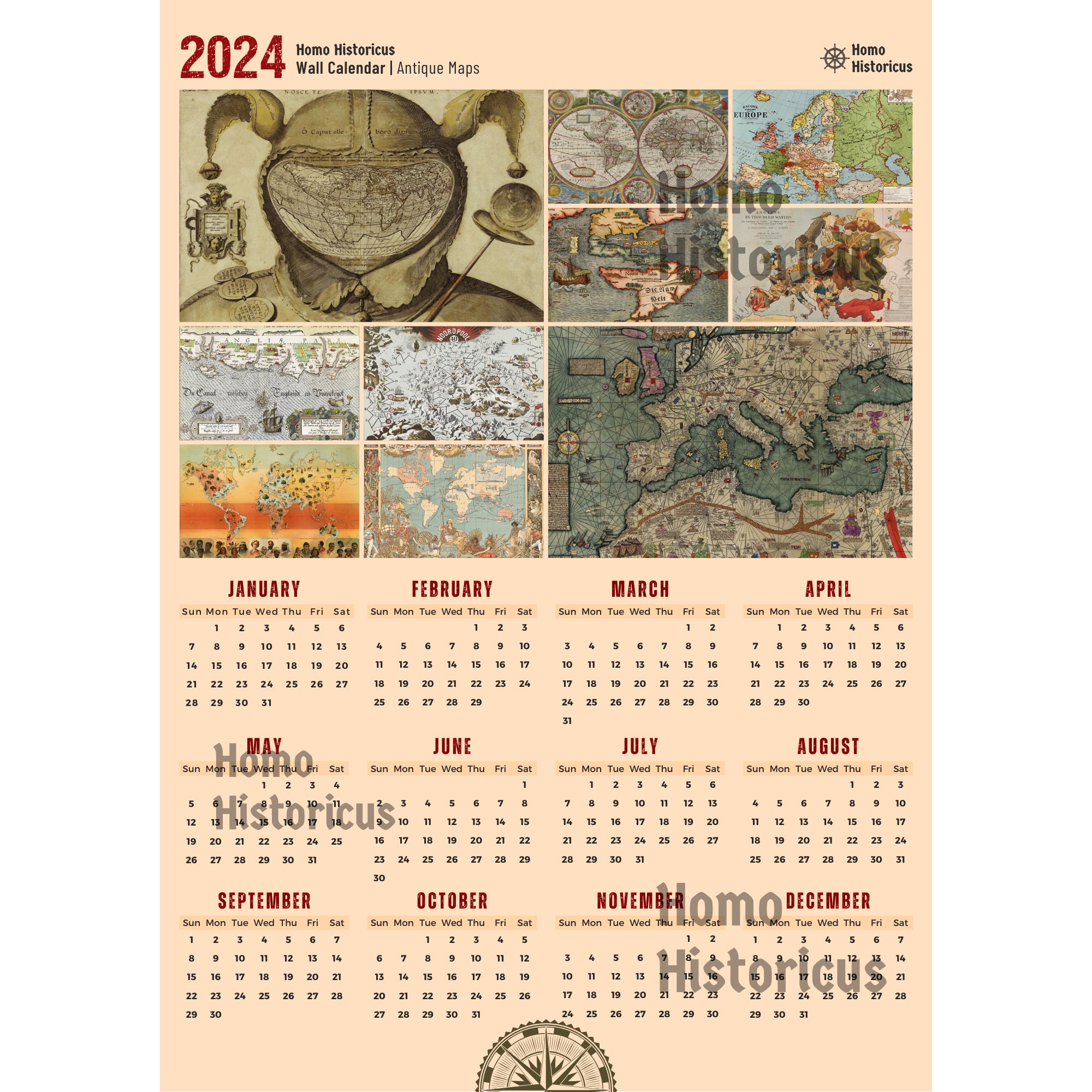 2024 Vintage Wall Calendar Vintage Maps Calendar Antique Map 2024 Art