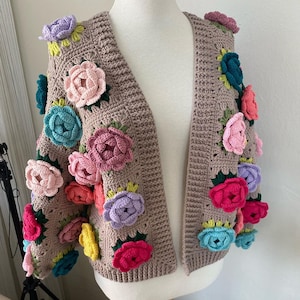 Crochet Jumbo Rose Cardigan, Pink Granny Square Cardigan Crochet Jumbo Rose Cardigan, Pink Granny Square Cardigan