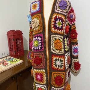 Crochet Jumbo Rose Cardigan, Pink Granny Square Cardigan Crochet Jumbo Rose Cardigan, Pink Granny Square Cardigan