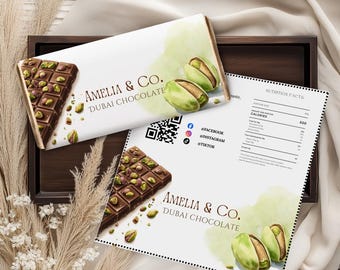 Emballage de barre de chocolat de Dubaï imprimable Étiquette de barre de chocolat de Dubaï imprimable Emballage de chocolat à la pistache avec ingrédients Valeur nutritive et code QR