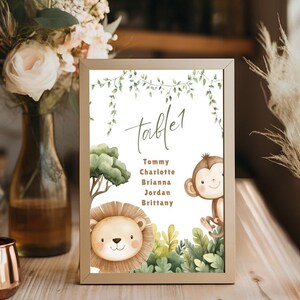 Modello di numero di tavolo safari Animali della giungla Festa di compleanno Baby Shower Numero di posti a sedere al tavolo Animali della giungla Tabella dei posti a sedere Decorazione di compleanno BD1