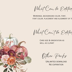 Peut inclure: Conception d'invitation num&eacute;rique avec des citrouilles et des fleurs &agrave; l'aquarelle dans les tons de blanc, rose et bordeaux. Le texte comprend "What Can be Edited?" et "Other Perks" sur fond beige. Id&eacute;al pour les &eacute;v&eacute;nements d'automne.