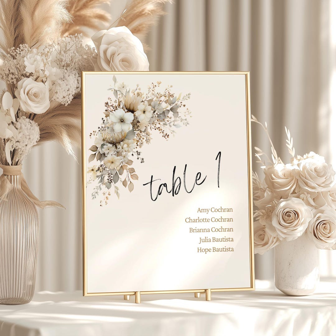 Printable Table Numbers With Guest Names, Neutral Floral Wedding ...