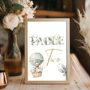 Numéro de table ours imprimable, signe de table modifiable neutre sexiste pour baby shower, carte de numéro personnalisée pour table signe de baby shower bohème BS1
