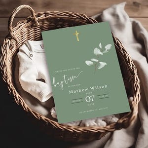 Modèle d'invitation de baptême sauge Modèle de carte de baptême Invitation de verdure sauge Téléchargement instantané Faire-part de baptême modifiable Modifier Canva SG1