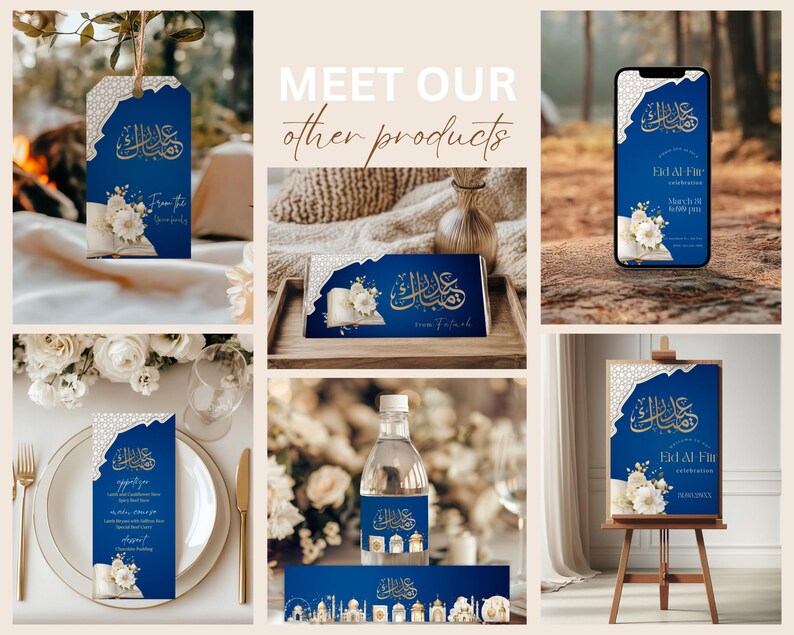 Peut inclure: Un collage de produits bleus et dor&eacute;s, comprenant une &eacute;tiquette, une invitation, un affichage t&eacute;l&eacute;phonique et une enseigne. Chaque article pr&eacute;sente des accents floraux et de la calligraphie arabe. Le texte "Eid Al Fitr" est visible sur plusieurs articles.