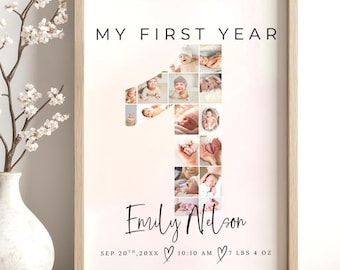 May include: A framed print with the text "MY FIRST YEAR" at the top. The number "1" is filled with baby photos. Below, the text reads "Emily Nelson" and birth details: "SEP 20, 20XX 10:10 AM 7 LBS 4 OZ".