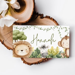 Modello di segnaposto per compleanno di bambini safari, segnaposto per tavolo safari, segnaposto stampabile, compleanno nella giungla, baby shower nella giungla, selvaggio uno BD1