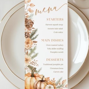 Thanksgiving Dinner Menu TEMPLATE printable, Editable Friendsgiving Menu, Dinner Party Decor, Fall Autumn Floral Pumpkin, Canva Template TG1