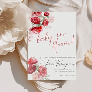 Bloemen babyshower uitnodiging sjabloon baby in bloei kaart rode bloemen kaart digitale Instant Download genderneutrale uitnodiging blush roze BS2