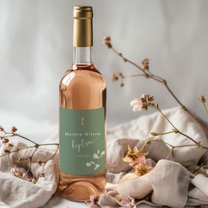 Modello di etichetta per bottiglia di vino per battesimo verde salvia, adesivo per vino per battesimo moderno stampabile, etichetta modificabile per bomboniera, download immediato SG1