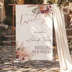 Fall in Love Bridal Shower Welcome Sign Autumn Wedding welcome sign Fall bridal shower sign Pumpkin floral editable welcome sign  FL1