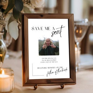 Plaque de mariage Save Me A Seat, modifiable à la mémoire des hommes, plaques de mariage, modèle de plaque de chaise réservée avec photo plaque commémorative WD1