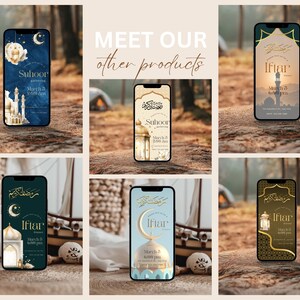 Peut inclure: Plusieurs &eacute;crans de smartphones affichant des designs sur le th&egrave;me du Ramadan. Les &eacute;crans pr&eacute;sentent des illustrations de mosqu&eacute;es, des croissants de lune et de la calligraphie arabe, avec les mots "Suhoor" et "Iftar". La palette de couleurs comprend de l'or, du bleu et du vert.