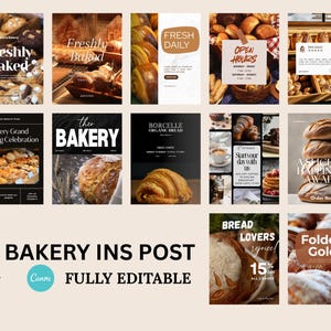May include: A collection of 12 bakery-themed Instagram post templates. The templates feature images of freshly baked bread, pastries, and coffee. Text includes "Freshly Baked", "Fresh Daily", "Open Hours", and "Bakery Grand Opening Celebration". The templates are fully editable.
