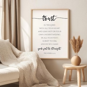 Confía en el Señor con todo tu corazón Proverbios 3:5-6 Cita bíblica Versículo bíblico imprimible Arte mural cristiano Arte de las Escrituras Regalo cristiano WF1