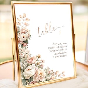 May include: A gold framed table number sign with floral accents. The sign features the word "table" in elegant script and a list of names. The floral arrangement includes roses and other flowers in soft pink and cream colors.
