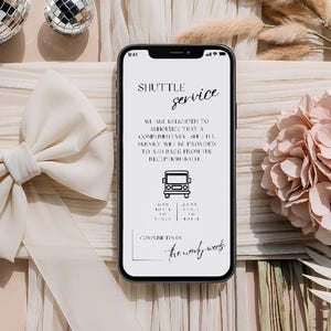 Telefoonaankondiging shuttleservice, minimalistische uitnodiging bruiloftshuttle, gratis vervoer, moderne bruiloft, bewerkbare tekstbericht WD1