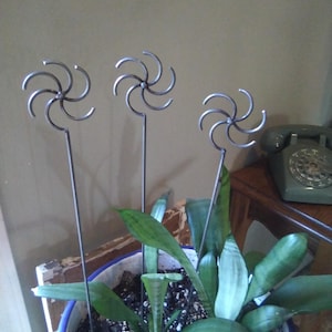 May include: Three metal plant stakes with a decorative swirl design, placed in a pot with a green plant.
