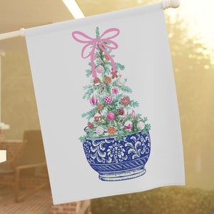 Chinoiserie Christmas Tree with Pink Bow/ Blue and White Christmas/ Digital Download Chinoiserie Christmas Garden & House Banner