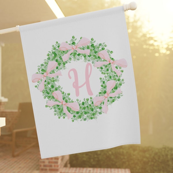 Small Pink Bows Spring Wreath Personalized Initial or Name Garden Banner Flag