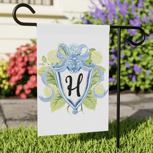 Preppy Bow Hydrangea Monogram Crest Spring Garden Flag - Personalized with Initial