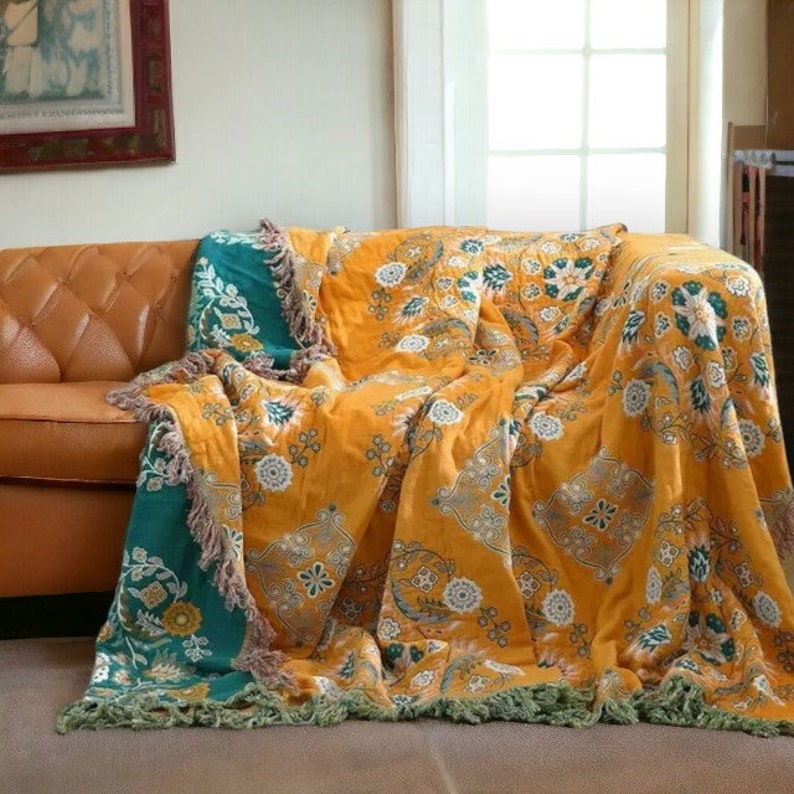 Couverture en coton bohème floral vert/beige/orange, couverture bohème faite main, couverture printemps/automne, couverture tissée de style nordique, décoration de canapé C