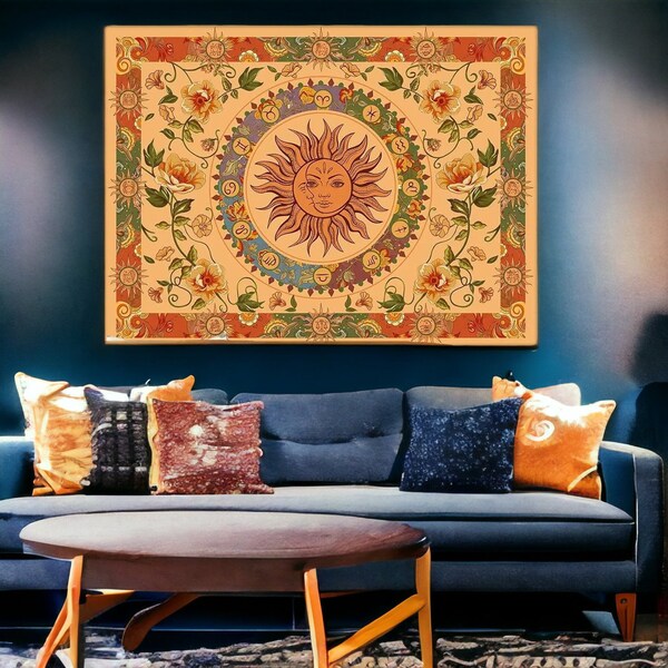 Moon Hippie Indie Tapestry, Boho Orange Floral Tapestry, Wall Hanging Cool Vintage Aesthetic Tapestry, Home Decor, Wall Living Room Decor