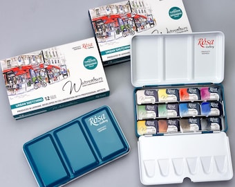 Rosa Gallery Urban Sketching Watercolor Paint Set, 12 Colors 2.5 ml, metal case