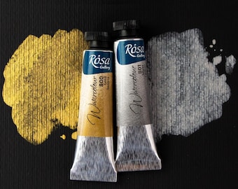 Pintura acuarela metálica ROSA Gallery, oro, plata, bronce (tubo de 10 ml, pastilla de 2,5 ml)