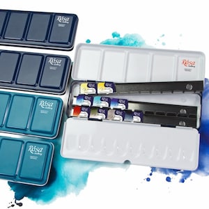 水彩絵の具セット ROSA Gallery 用メタルケース (21 キュベット用)、ペイントケース Emty 21 パン、パレット、パン 2.5 ml 用メタルケース
