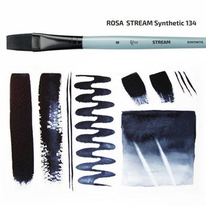 May include: A black flat brush with a blue handle. The brush is labelled "ROSA STREAM Synthetic 134" and "8 Rosa STREAM SYNTHETIC". The brush is shown with black paint strokes on a white background.