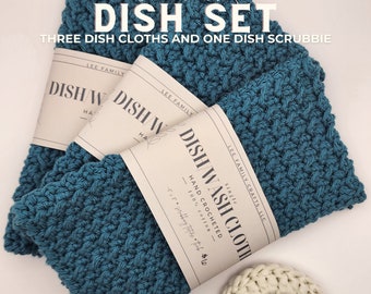 May include: Set of three teal blue crocheted dishcloths and one white crocheted dish scrubber. The dishcloths have a label that reads "Single Dish Wash Cloth - Hand Crocheted - 100% Cotton". The text "Get Those Dishes Cleaned Easier, No Scratches, Less Bacteria, and Eco-Friendly" is at the bottom of the image.