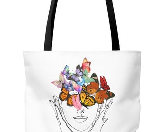 Butterfly Tote Bag, Boho Bag, Vintage Bag, Colorful Butterfly, Butterfly Art, Reusable UNISEX White Tote Bag - 3 Sizes