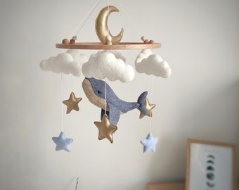 Blauwe vinvis babymobiel Walvis kinderkamer decor Maanwolken decor