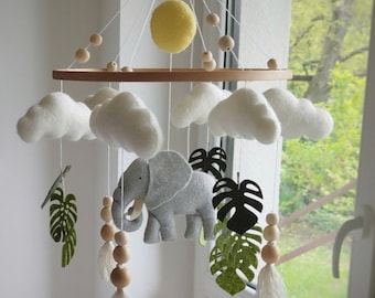 Elephant baby mobile Elephant nursery decor Baby mobile with elephant Moon clouds decor