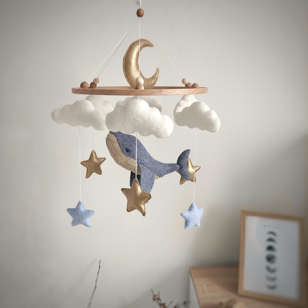 Blue whale baby mobile Whale nursery decor Moon clouds decor