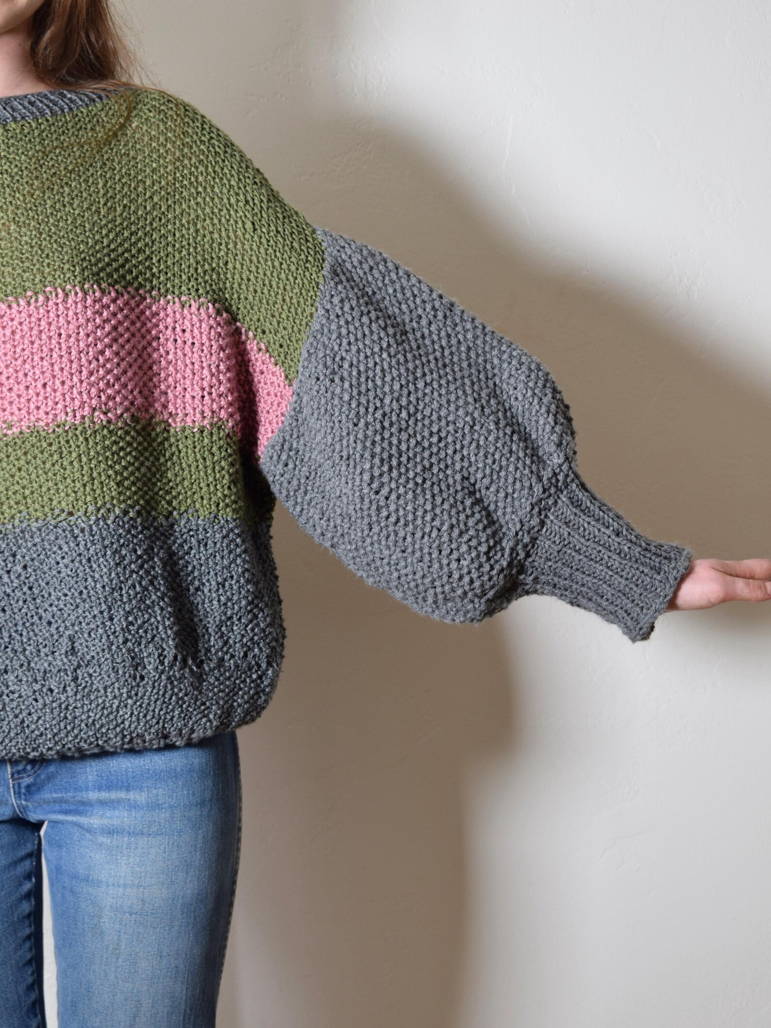 Vintage Hand Knit Color Block Sweater: Juliet Sleeve, Sage Gray & Pink ...