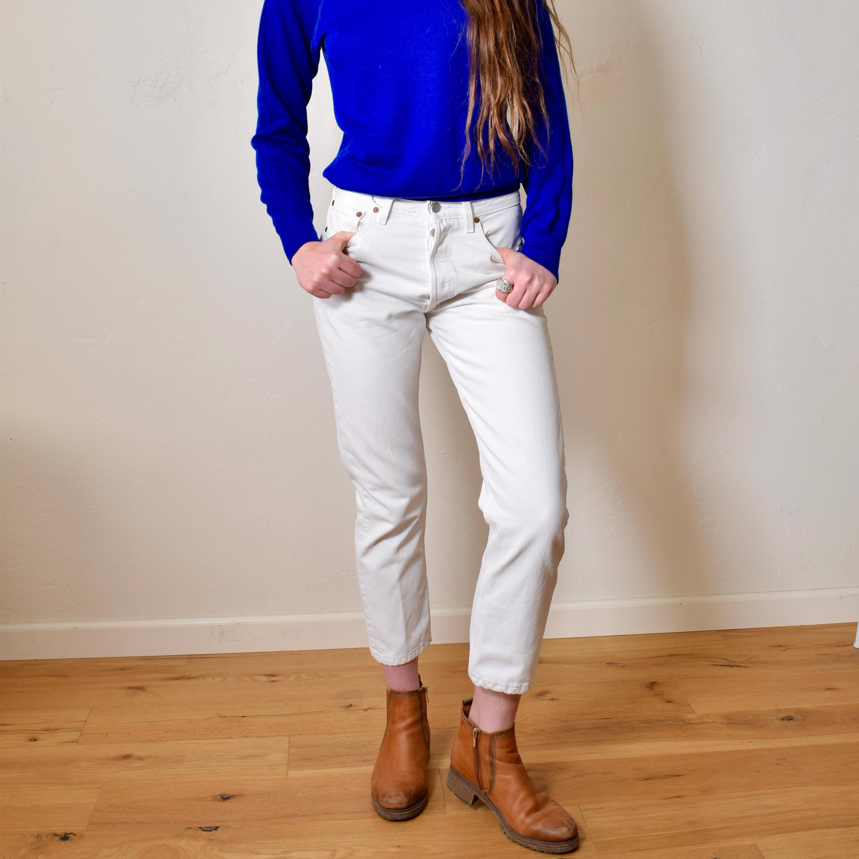 Vintage 80s LEVIS 501 White Denim Jeans: USA Made Crop Pants W30 