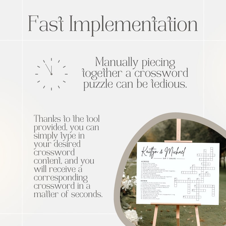 May include: A black and white printable crossword puzzle template with the text "Kaitlyn & Michael SIP & SOLVE" at the top. The crossword puzzle is on a white easel.