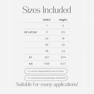 May include: A chart showing the different sizes of paper included in this product. The sizes are listed in inches. The sizes include US Letter, A1, and A4. All versions are landscape orientation.  Suitable for many applications!