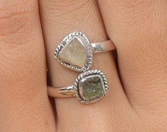 Moldavite & Libyan Glass Genuine Certified Ring, 925 Sterling Silver Adjustable Ring, Handmade Ring for Women, Rough Gemstone Gift Ring