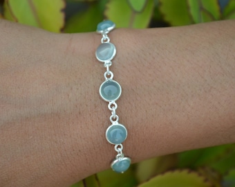 Pulsera de piedras preciosas redondas de aguamarina, pulsera ajustable de plata 925, pulsera de piedras preciosas de cabujón, joyería de plata para mujer, regalo de Navidad para ella