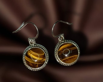 Natural Tiger Eye Earrings, 925 Sterling Silver Earrings, Dangle & Drop Earrings, Round Gemstone Handmade Earrings, Valentine Day Gifts