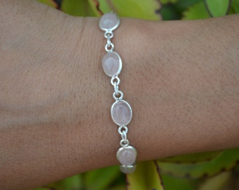 Pulsera de cuarzo rosa, pulsera de plata de ley 925, pulsera de piedra preciosa de cabujón, pulsera de plata ajustable, regalo de piedra de nacimiento de enero para ella