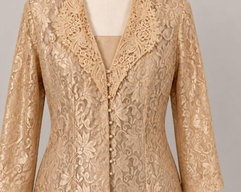 Gold Floral Lace Blazer Pearl Buttons Embroidered Collar 90s Vintage XL