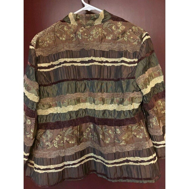 Vintage patchworkjas in bruin, groen en goud met bloemenprint, maat 16. afbeelding 3