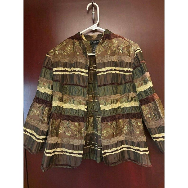 Vintage patchworkjas in bruin, groen en goud met bloemenprint, maat 16. afbeelding 7