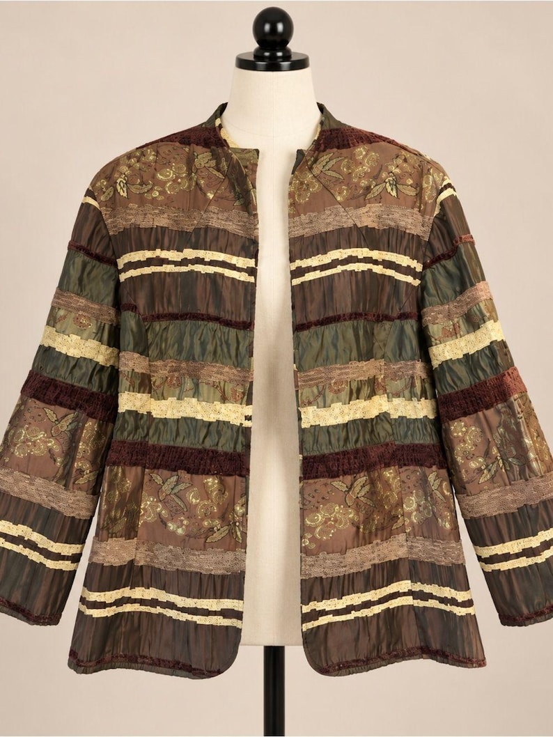 Vintage patchworkjas in bruin, groen en goud met bloemenprint, maat 16. afbeelding 1